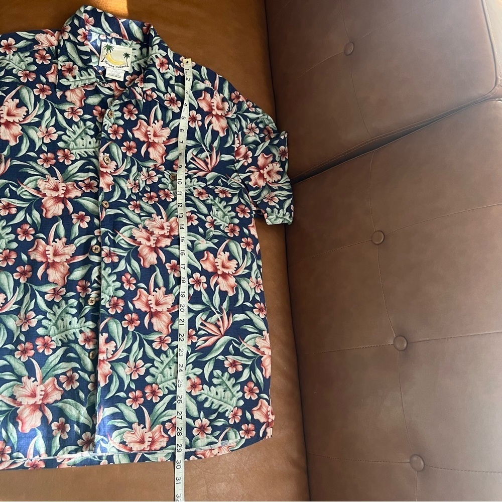 Banana Cabana Men's Sz L 100% Silk Tropical Hawaiian Shirt Navy and Pinky Peach - Picture 8 of 8